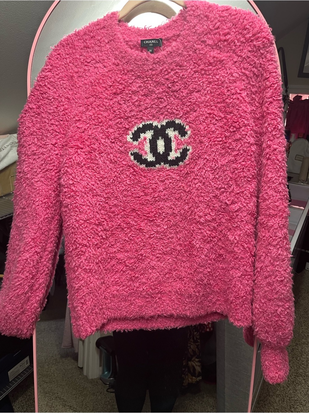 🔥SOLD🔥 Chanel Pink Bouclé Logo Sweater